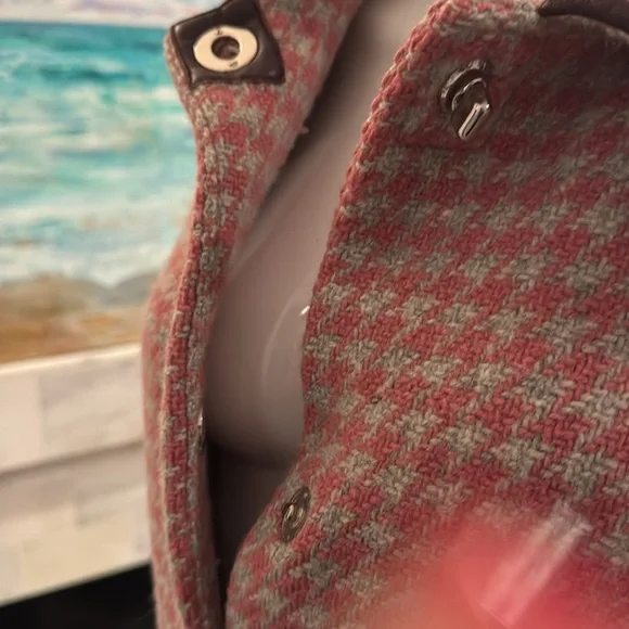 Coach Leatherware Pink Houndstooth Wool & Leather Trim Coat Size Large - Picture 8 of 15